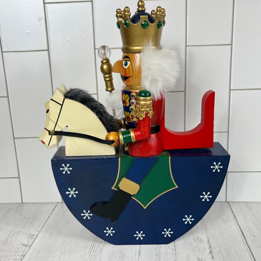 Vintage Wooden King Nutcracker Riding Horse Rocking Figurine